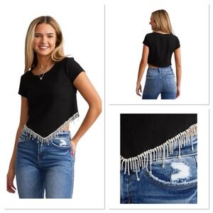 Blue B Ribbed Scoop Neck Rhinestone Fringe Cropped Top Women XS Short Sleeve New